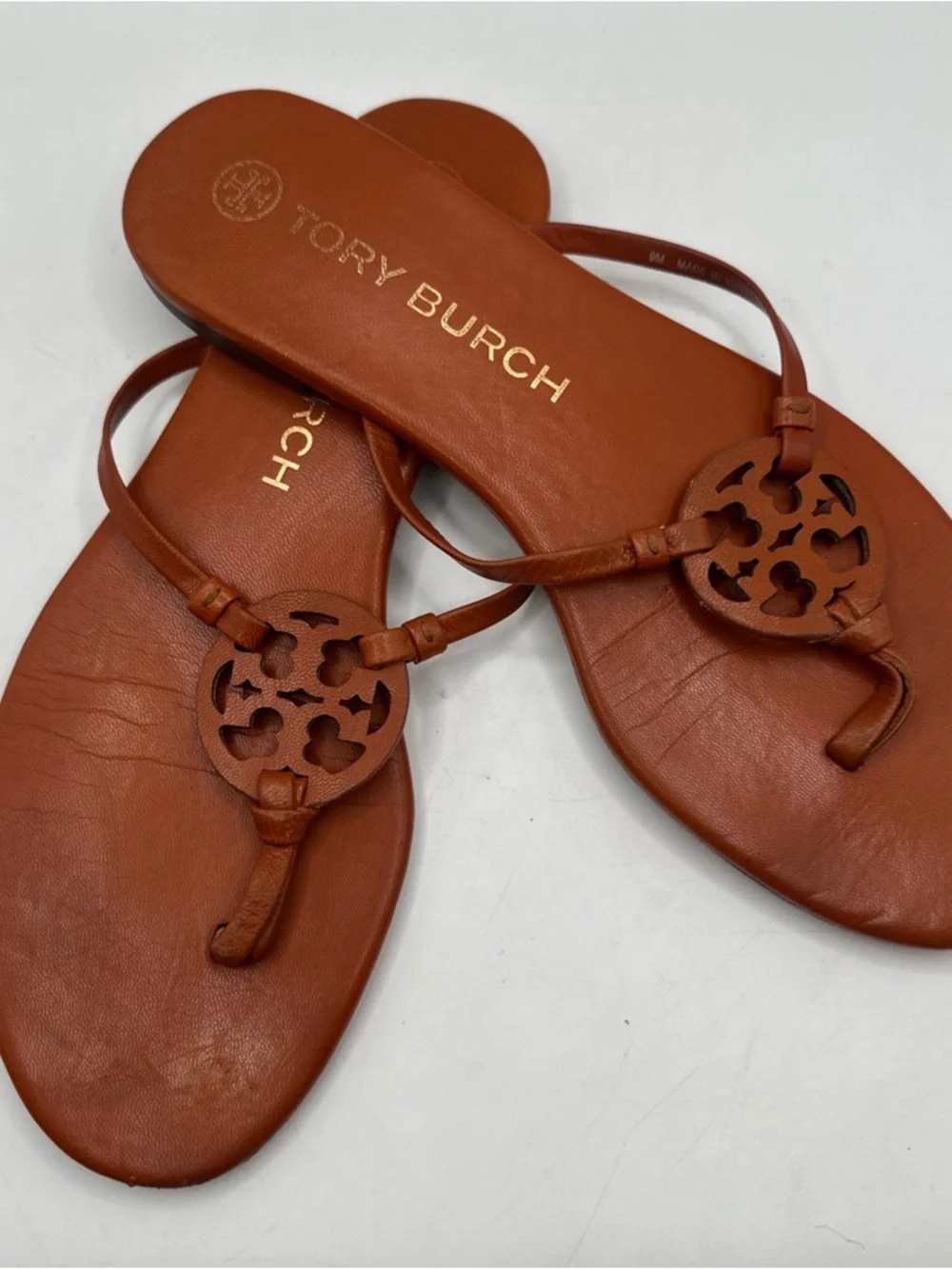 Tory Burch‎ Rust Brown Leather Logo Thong Sandals Sz 9